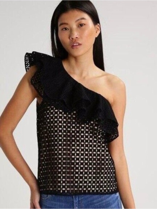 J. Crew Tops - J.Crew One-Shoulder Ruffle Top In Black Eyelet